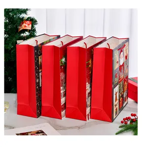 Detailed view of festive Christmas gift bags with glittery holiday cartoon patterns