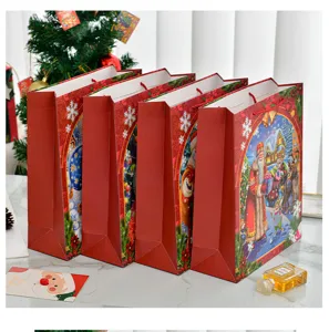 Set of four red Christmas gift bags with Santa Claus illustrations in festive scene.