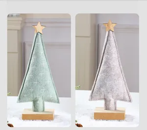 Set of two felt Christmas tree tabletop ornaments with wooden base and star topper