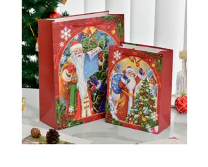 Detailed view of festive Santa Claus Christmas gift bags with sturdy red rope handles.