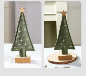 Two views of a handmade green felt Christmas tree ornament with a wooden star top.