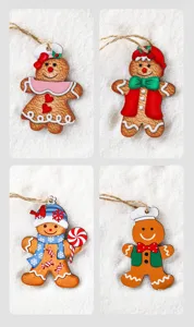 Set of four unique wooden gingerbread man ornaments for Christmas tree decoration.