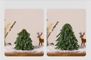 Realistic mini PE Christmas tree with Noble Fir pine needles on snowy surface