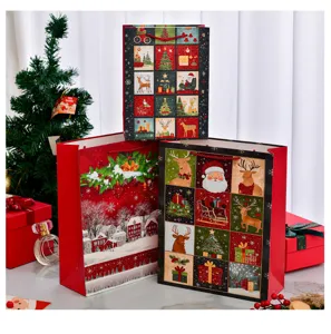 Detailed shot of Christmas gift bags featuring festive cartoon patterns and glitter craft