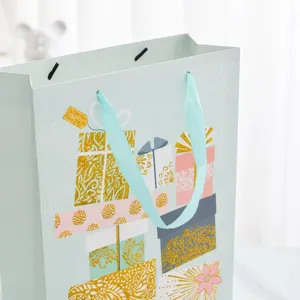 Large mint green birthday gift bag featuring elegant glitter gold foil gift box designs