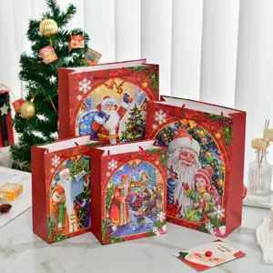 Cartoon Santa Claus Christmas Gift Bag Thickened White Cardboard Festive Tote Packaging Bag With Woven Handle Rope For Party