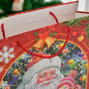 Large Santa Claus Christmas gift bag with 3D bells and rope handles