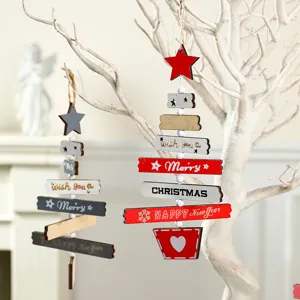Adorno colgante de madera para árbol de Navidad con frases de Feliz Navidad rojo
