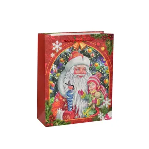 Festive red Christmas gift bag featuring classic Santa Claus and child illustration