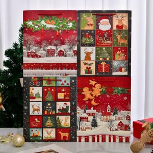 Assorted Christmas holiday gift bags with festive cartoon patterns and glitter craft