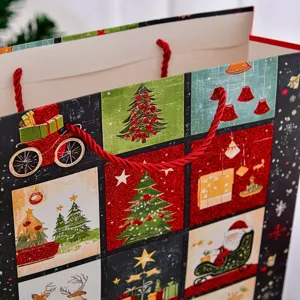 Festive Christmas gift bag with glittery illustrations and red rope handle for holiday gifts