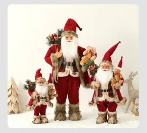 Set of three classic Santa Claus plush figurines with teddy bears for Christmas home decor