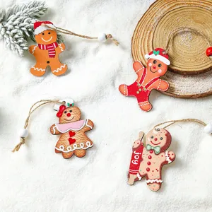Set of 4 festive wooden gingerbread man hanging ornaments for Christmas tree home decor