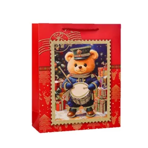 Große Weihnachtsgeschenktüte mit festlicher Trommel-Teddybär-Briefmarkenillustration