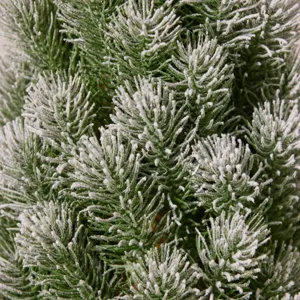 Macro shot of snow-covered PE artificial Christmas tree needles with realistic texture