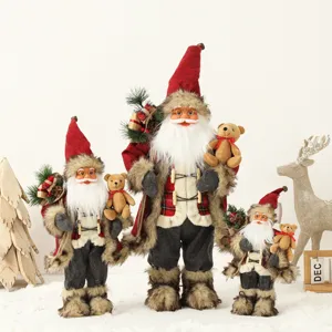 Classic Santa Claus Doll Holding Teddy Bear Plush Toy Christmas Decoration Red Plaid Fabric Holiday Ornament Home Party Decor Gift