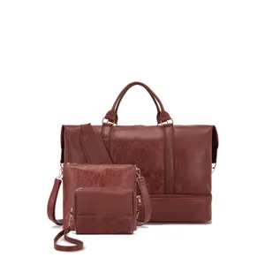 Juego de 3 bolsas de viaje de cuero sintético marrón con bolsa de lona y bolso