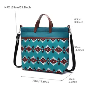 Detailed size guide and dimensions for bohemian Aztec waterproof crossbody laptop bag