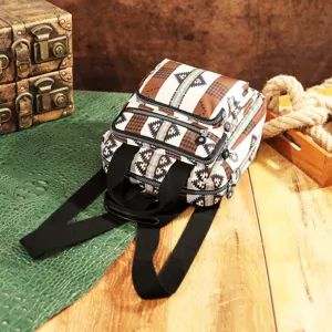 Mochila con patrón azteca bohemio y bolsillos con cremallera en un entorno vintage.