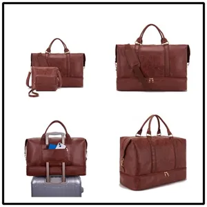 Set de viaje de 3 piezas de cuero marrón con funda para maleta y vistas detalladas