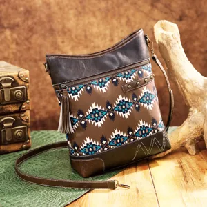 Close-up detail of retro Aztec print crossbody bag with bohemian tassel accents