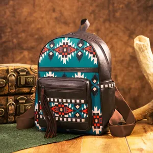 Vintage Aztec Bohemian ethnic backpack with teal geometric patterns and leather tassels