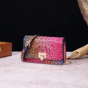 Bolso bandolera retro de cuero con relieve de cocodrilo multicolor y cadena dorada