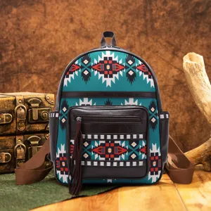 Bohemian Aztec pattern backpack with tassel detail and vintage brown leather trim