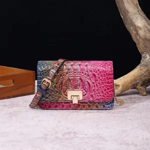 Detalle de un bolso bandolera vintage multicolor con relieve de cocodrilo y dorado.