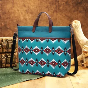 Detailed view of Aztec pattern laptop tote bag with waterproof twill fabric.