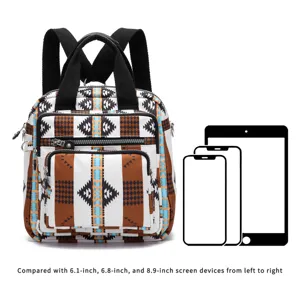 Mochila bohemia con patrón azteca, comparación de tamaño con dispositivos de 6,1 a 8,9 pulg.