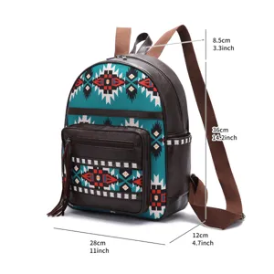 Ethnic Aztec bohemian style backpack with product dimensions 36x28x12cm shown in detail