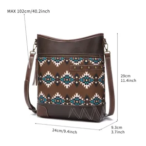 Detail view of retro Aztec print bohemian crossbody bag with size dimensions