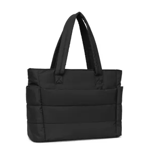 Detail view of a black quilted puffer tote bag featuring durable padded shoulder straps