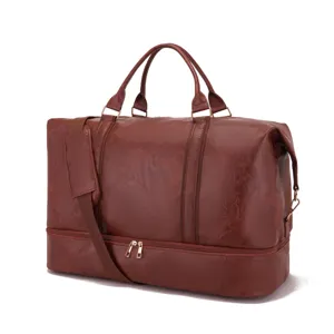 Vista lateral de una bolsa de viaje de cuero marrón con compartimento para zapatos