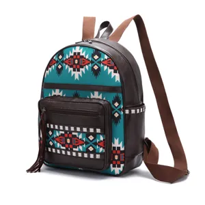 Detailed view of Aztec print backpack with tribal patterns and fringe tassel detail