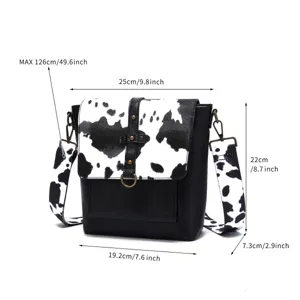Western cow print crossbody bag dimensions and size guide illustration