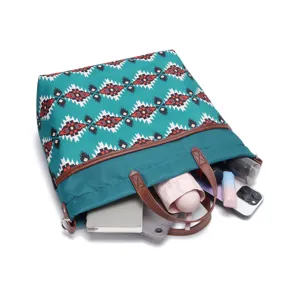 Detailed interior view of the Bohemian Aztec laptop tote bag showing large capacity.