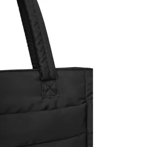 Detailed close-up showing durable reinforced stitching on black quilted travel tote bag handle.