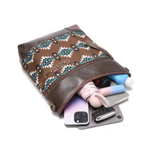 Interior view of bohemian Aztec print crossbody bag showing its large storage capacity