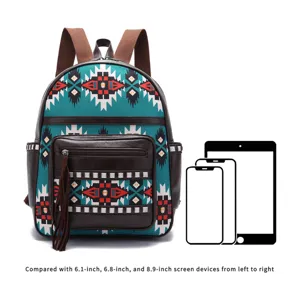 Tribal Aztec print bohemian backpack size comparison with 6.1 to 8.9 inch devices