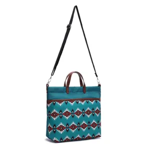 Detailed view of Aztec pattern Bohemian waterproof laptop tote bag with adjustable strap