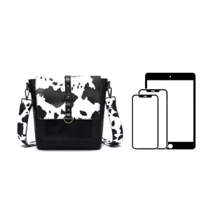 Western style cow print crossbody bag size comparison with tablet and phone icons