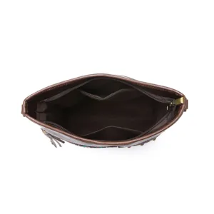 Detailed internal view of retro printed crossbody bag showing brown lining and two pockets