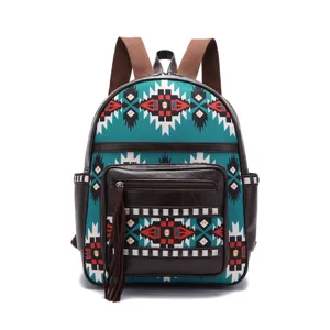 Bohemian Aztec pattern backpack for women with brown tassel detail and large capacity