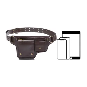 Riñonera vintage de cuero marrón que muestra capacidad para smartphones y tabletas