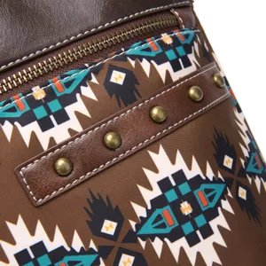Macro detail of waterproof fabric with Aztec print and vintage rivets on the bag