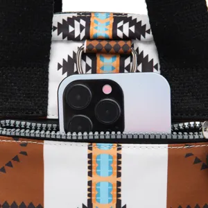 Primer plano del bolsillo de una mochila con estampado azteca y un smartphone.