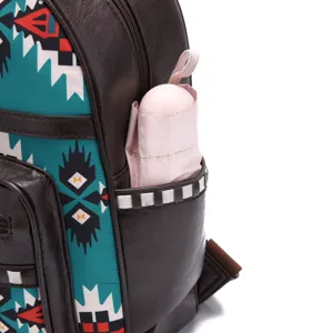 Detailed view of the side pocket on an ethnic Aztec backpack with a pink umbrella