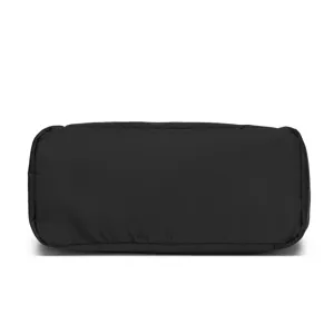 Detailed bottom view of a black quilted travel bag made of durable nylon material